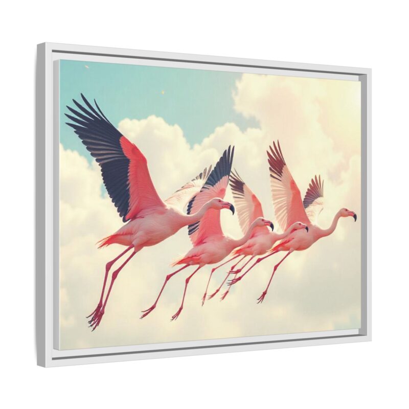 Framed Canvas - a flock of flamingos taking off in the sunlight. - Image 79