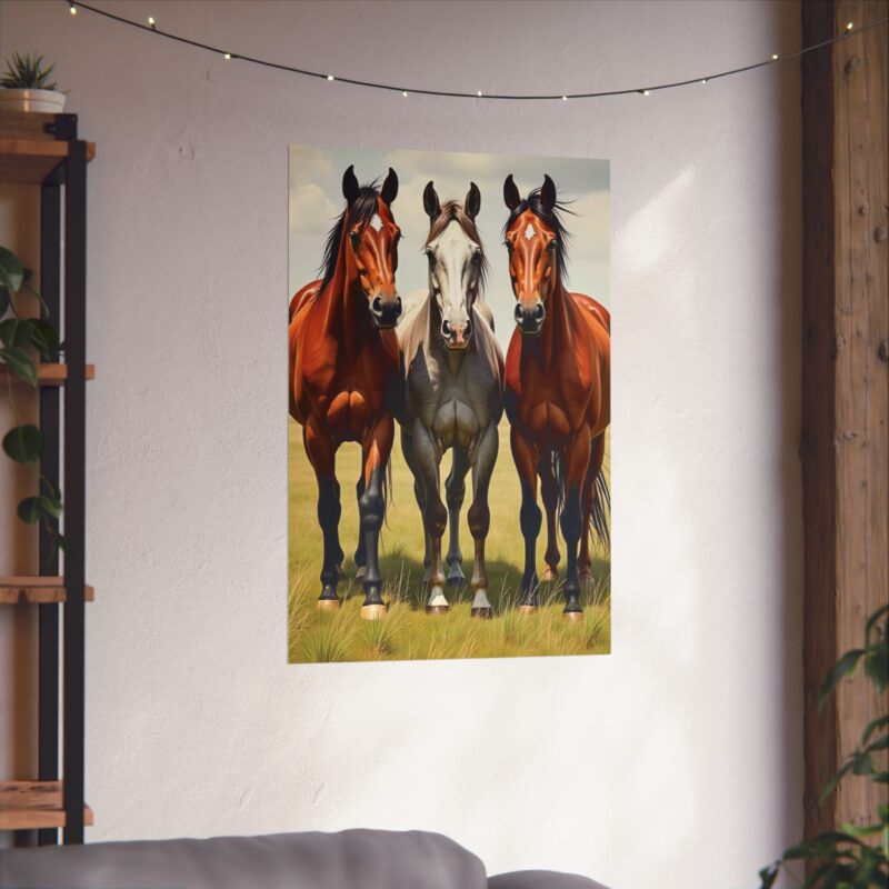 Matte Vertical Posters of Three Horses in a Grassy Field: Brown, Gray, and Chestnut - Image 25