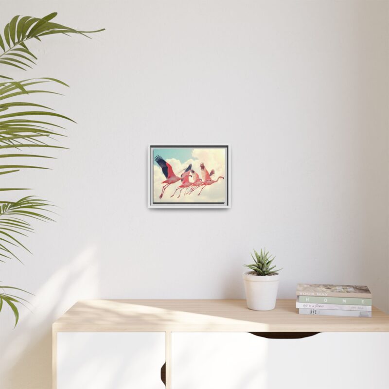 Framed Canvas - a flock of flamingos taking off in the sunlight. - Image 48