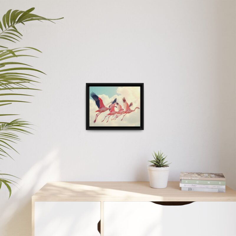 Framed Canvas - a flock of flamingos taking off in the sunlight. - Image 12