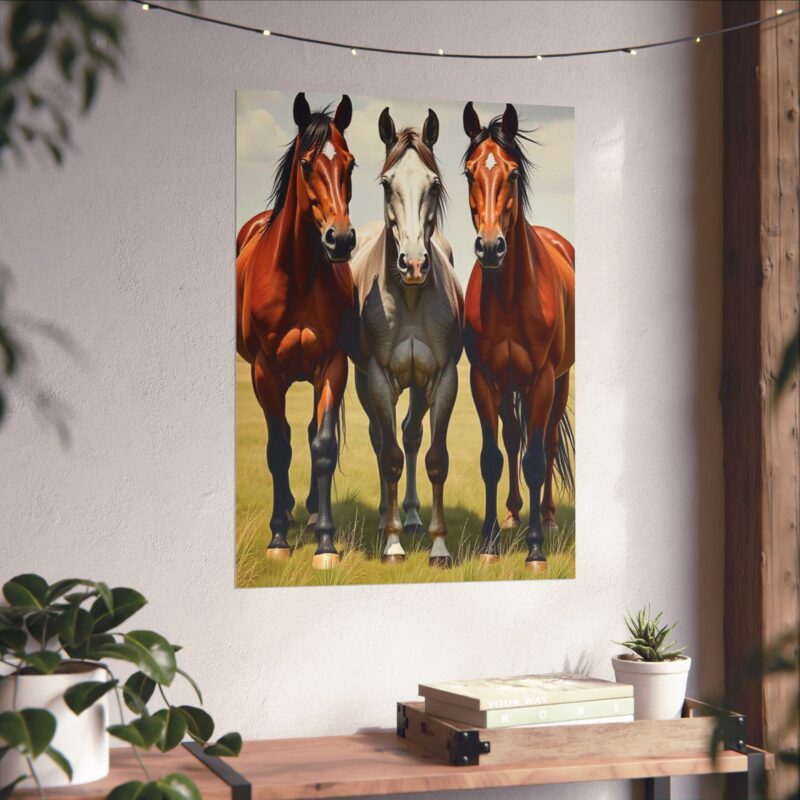 Matte Vertical Posters of Three Horses in a Grassy Field: Brown, Gray, and Chestnut - Image 89