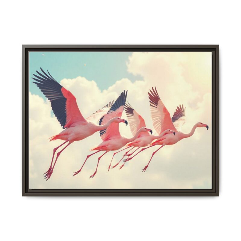 Framed Canvas - a flock of flamingos taking off in the sunlight. - Image 74