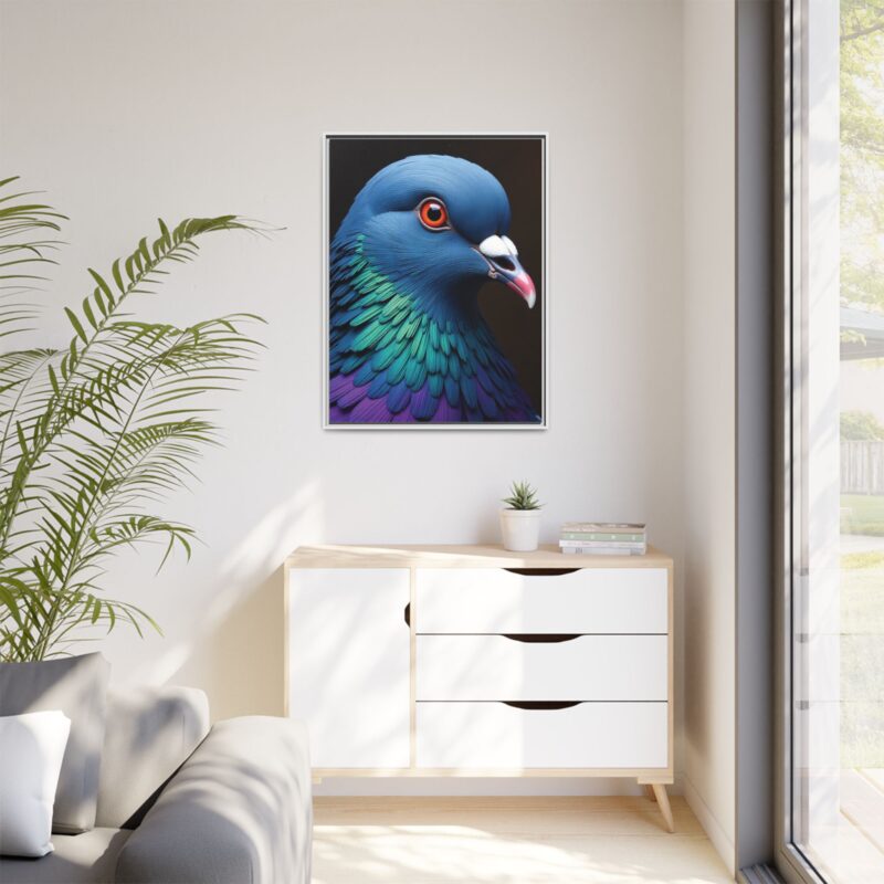Canvas Print featuring a close-up portrait of a colorful pigeon - Image 85