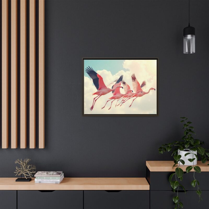 Framed Canvas - a flock of flamingos taking off in the sunlight. - Image 89