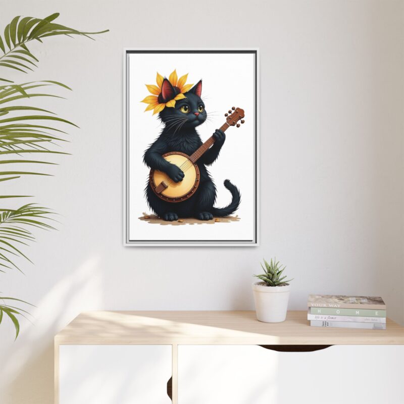 Wall Art - Black Cat Playing Banjo with Sunflower Matte Canvas Framed - Image 88