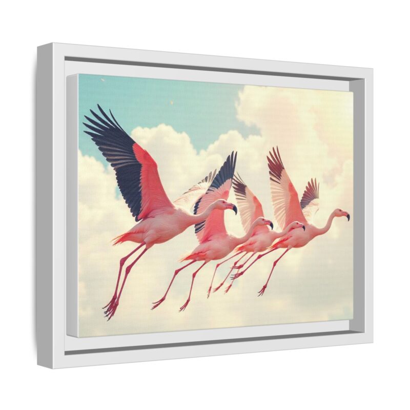 Framed Canvas - a flock of flamingos taking off in the sunlight. - Image 47