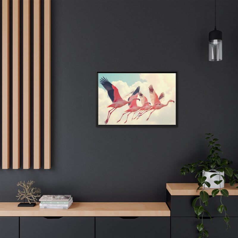 Framed Canvas - a flock of flamingos taking off in the sunlight. - Image 25