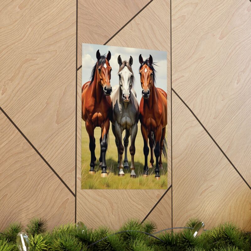 Matte Vertical Posters of Three Horses in a Grassy Field: Brown, Gray, and Chestnut - Image 14