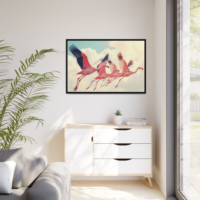 Framed Canvas - a flock of flamingos taking off in the sunlight. - Image 4