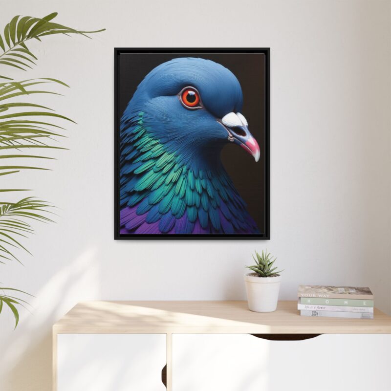 Canvas Print featuring a close-up portrait of a colorful pigeon