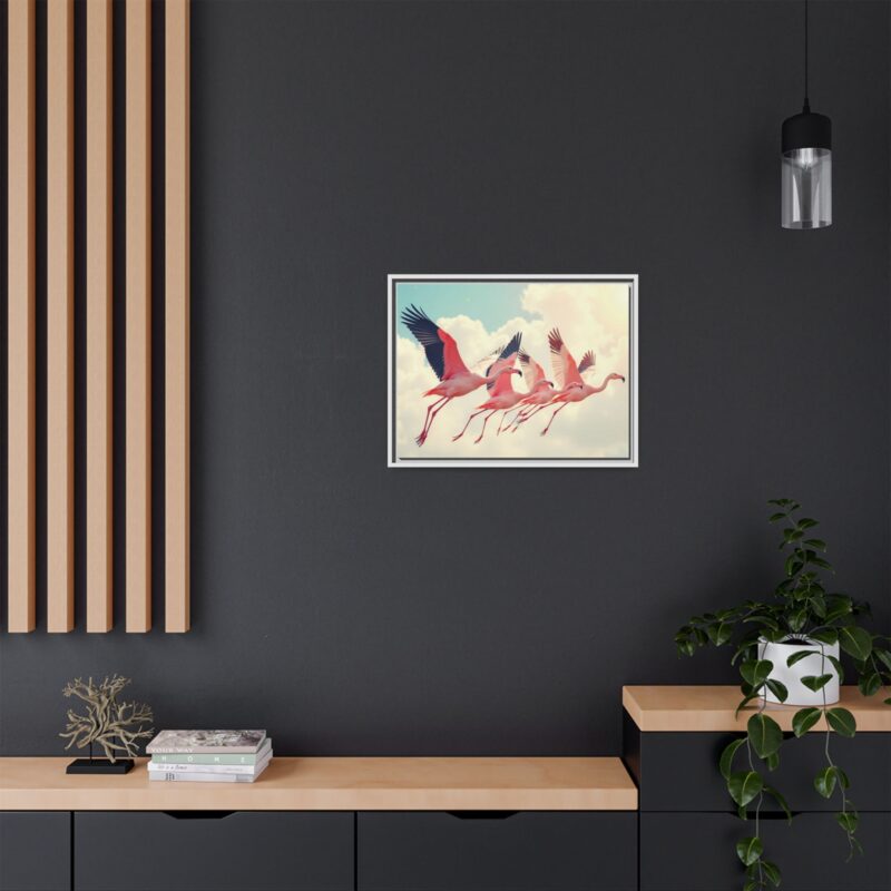 Framed Canvas - a flock of flamingos taking off in the sunlight. - Image 77