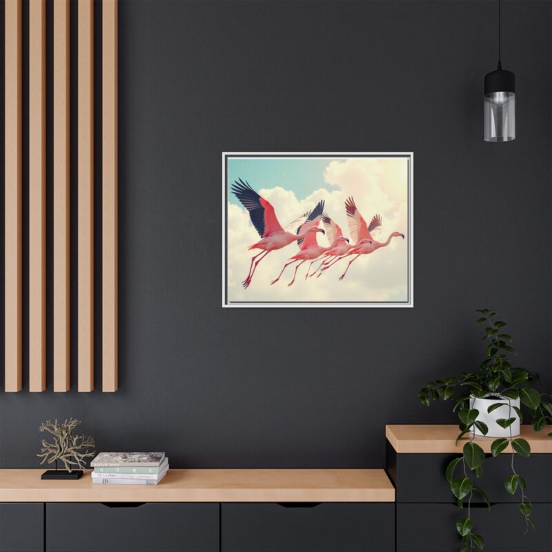 Framed Canvas - a flock of flamingos taking off in the sunlight. - Image 129