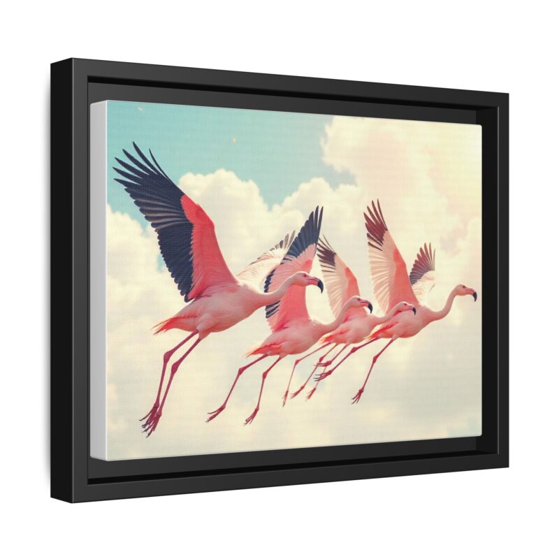 Framed Canvas - a flock of flamingos taking off in the sunlight. - Image 7