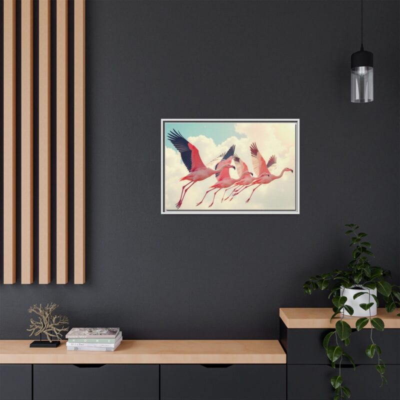 Framed Canvas - a flock of flamingos taking off in the sunlight. - Image 85