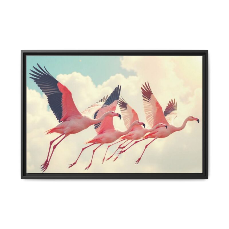 Framed Canvas - a flock of flamingos taking off in the sunlight. - Image 26