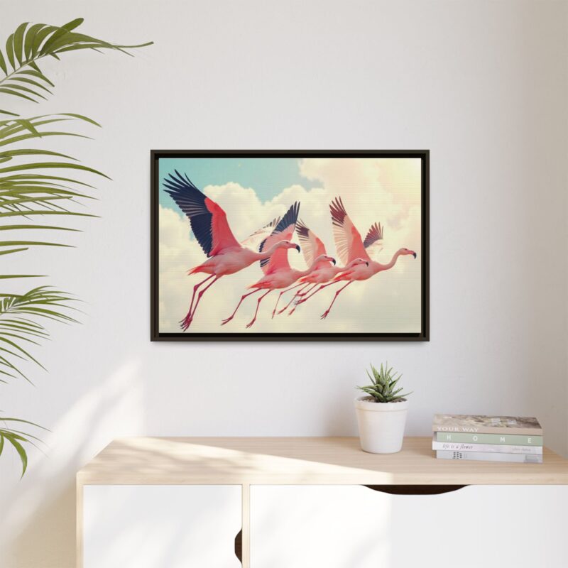 Framed Canvas - a flock of flamingos taking off in the sunlight. - Image 84