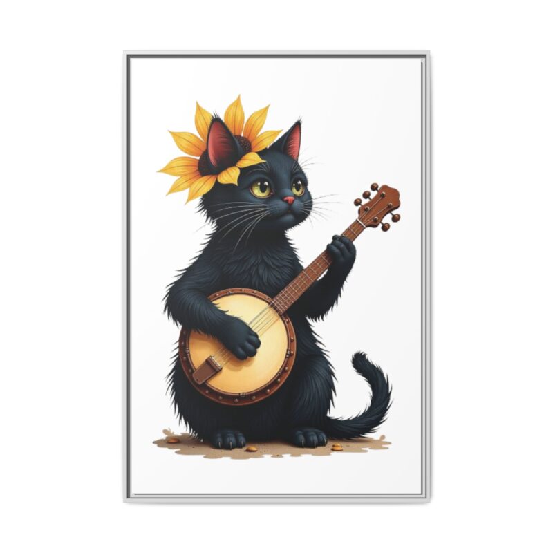 Wall Art - Black Cat Playing Banjo with Sunflower Matte Canvas Framed - Image 118