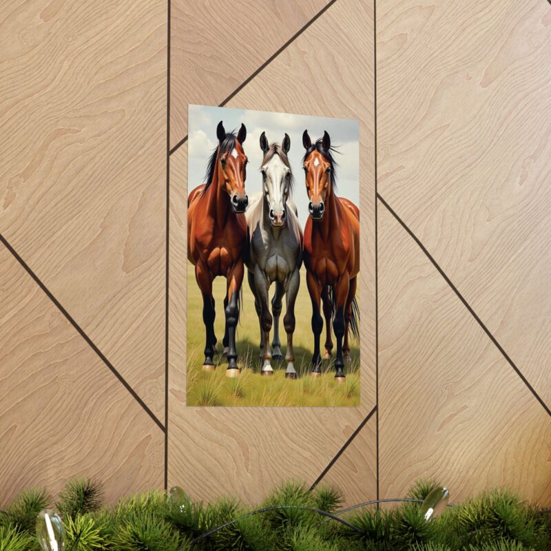 Matte Vertical Posters of Three Horses in a Grassy Field: Brown, Gray, and Chestnut - Image 62