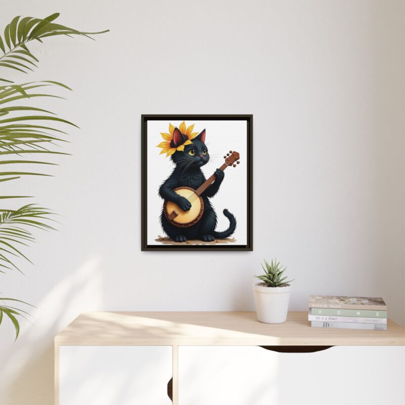 Wall Art - Black Cat Playing Banjo with Sunflower Matte Canvas Framed - Image 68