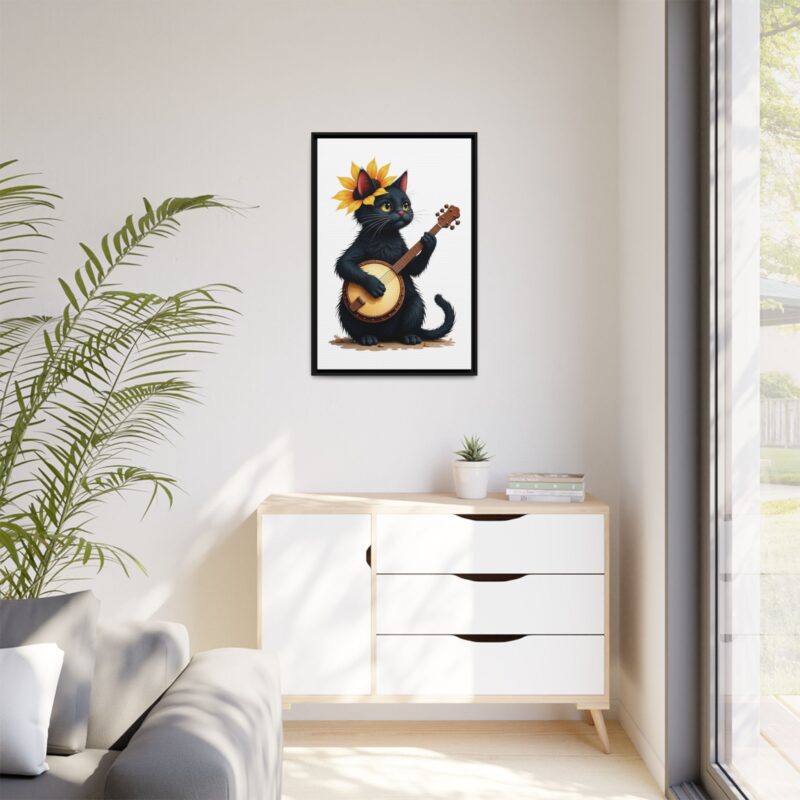 Wall Art - Black Cat Playing Banjo with Sunflower Matte Canvas Framed - Image 36