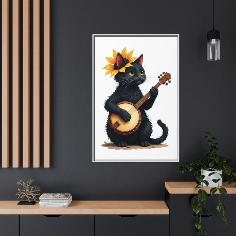Wall Art - Black Cat Playing Banjo with Sunflower Matte Canvas Framed - Image 117