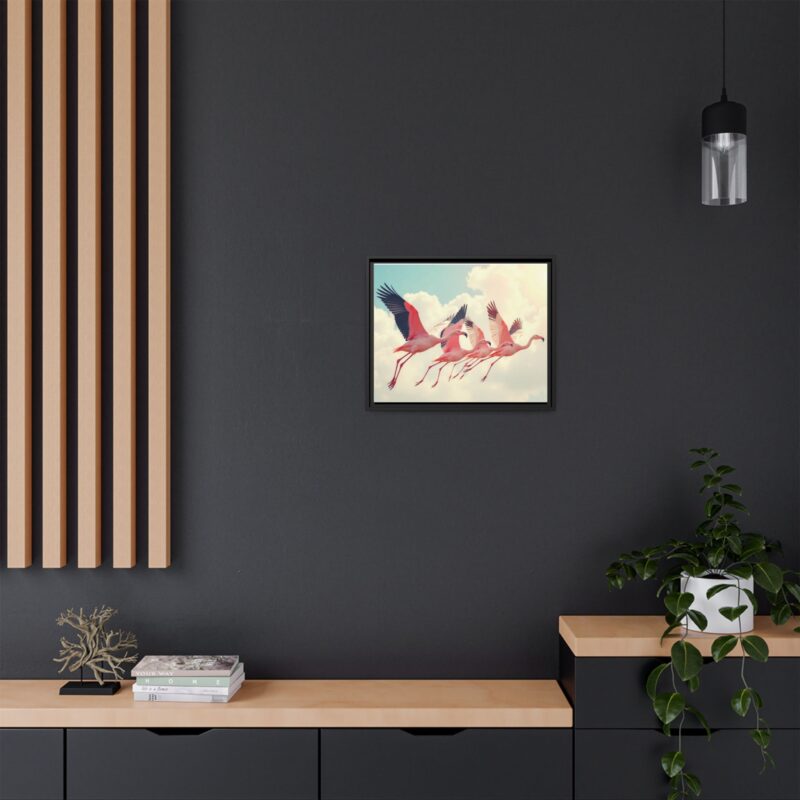 Framed Canvas - a flock of flamingos taking off in the sunlight. - Image 17