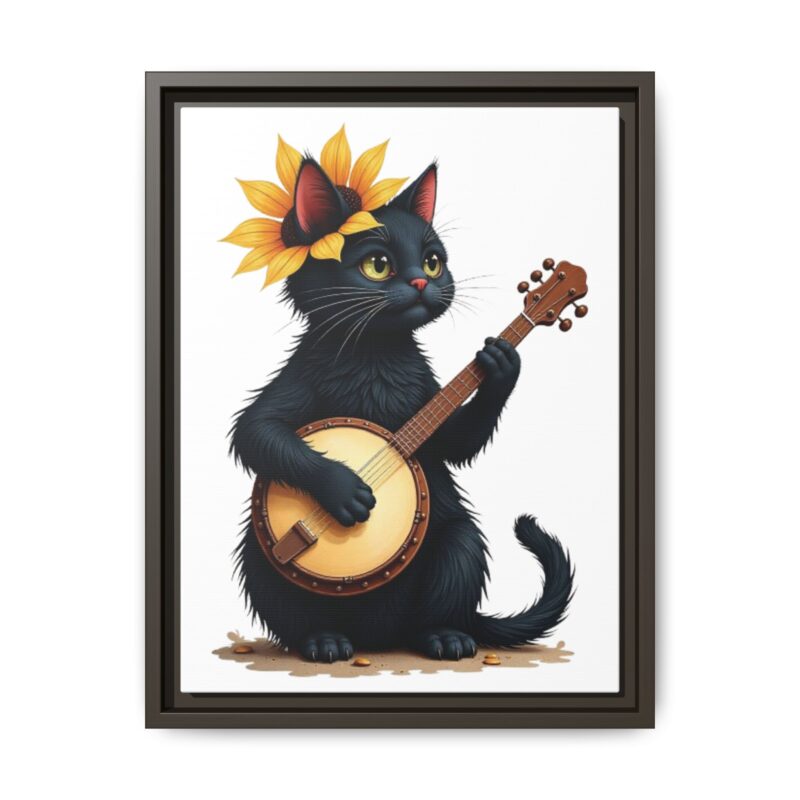 Wall Art - Black Cat Playing Banjo with Sunflower Matte Canvas Framed - Image 58