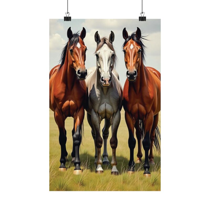 Matte Vertical Posters of Three Horses in a Grassy Field: Brown, Gray, and Chestnut - Image 58