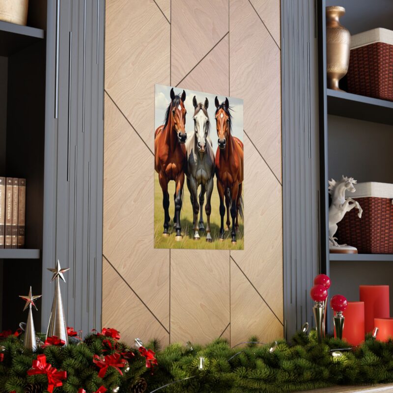 Matte Vertical Posters of Three Horses in a Grassy Field: Brown, Gray, and Chestnut - Image 86