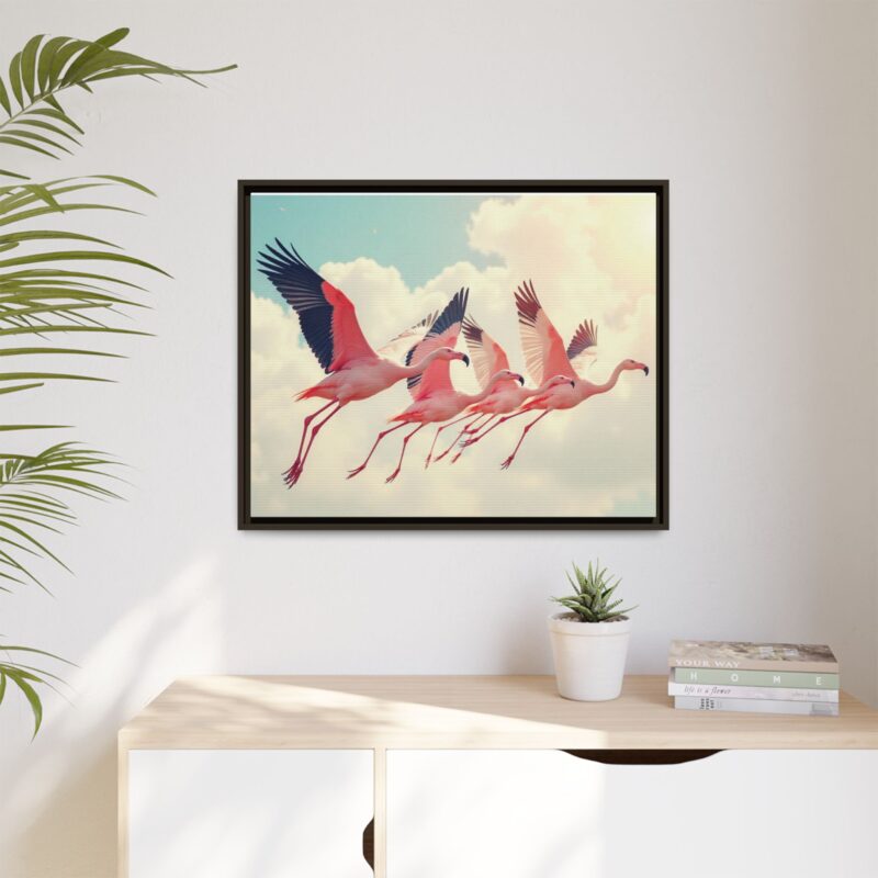 Framed Canvas - a flock of flamingos taking off in the sunlight. - Image 128