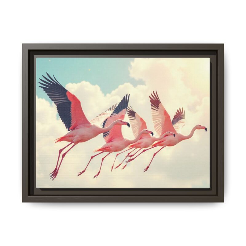 Framed Canvas - a flock of flamingos taking off in the sunlight. - Image 42