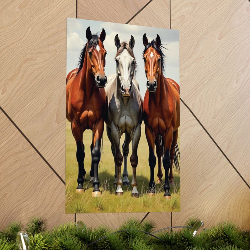 Matte Vertical Posters of Three Horses in a Grassy Field: Brown, Gray, and Chestnut - Image 38