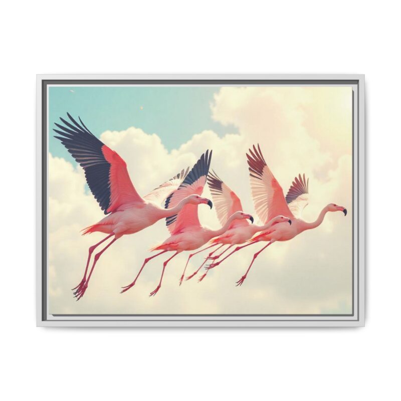 Framed Canvas - a flock of flamingos taking off in the sunlight. - Image 78