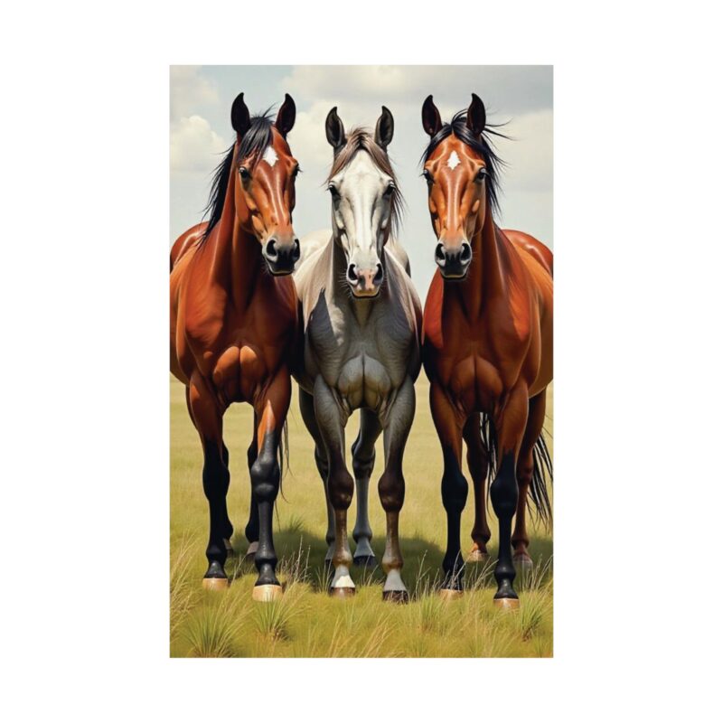 Matte Vertical Posters of Three Horses in a Grassy Field: Brown, Gray, and Chestnut - Image 59