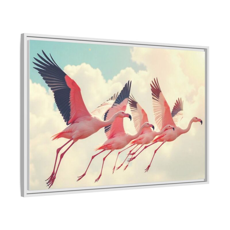 Framed Canvas - a flock of flamingos taking off in the sunlight. - Image 103