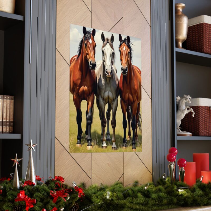 Matte Vertical Posters of Three Horses in a Grassy Field: Brown, Gray, and Chestnut - Image 46