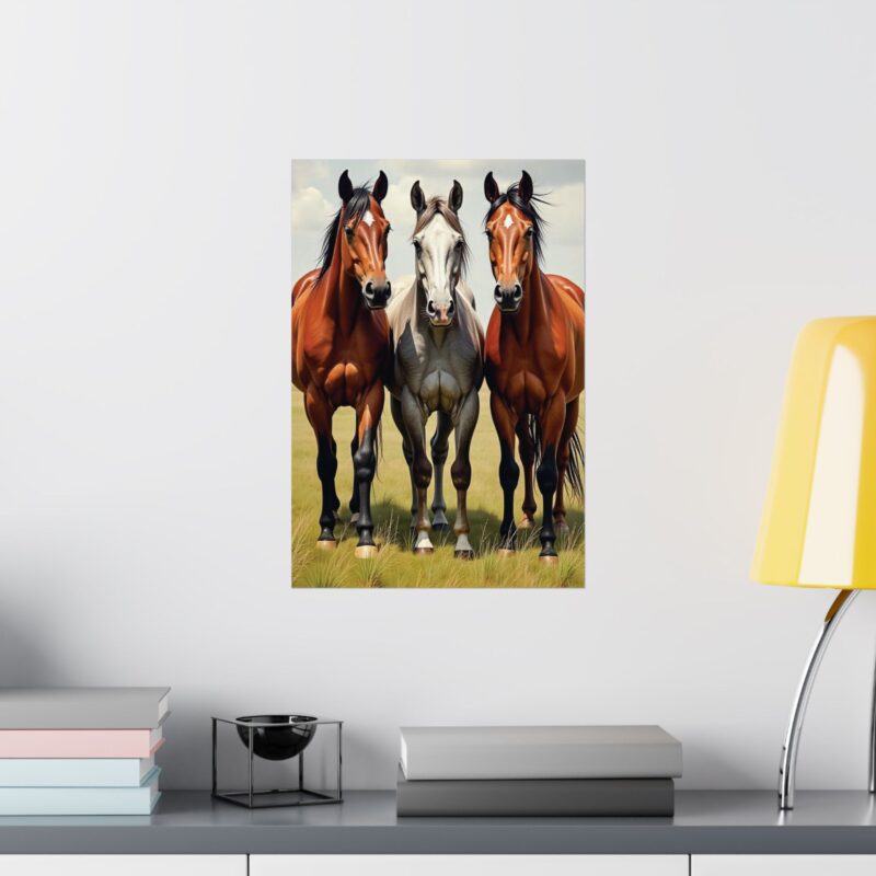 Matte Vertical Posters of Three Horses in a Grassy Field: Brown, Gray, and Chestnut - Image 72