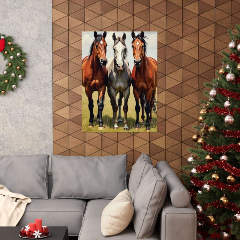 Matte Vertical Posters of Three Horses in a Grassy Field: Brown, Gray, and Chestnut - Image 45