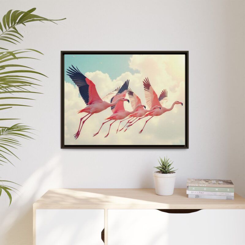 Framed Canvas - a flock of flamingos taking off in the sunlight. - Image 91