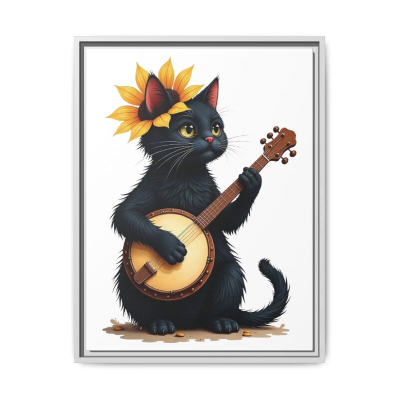 Wall Art - Black Cat Playing Banjo with Sunflower Matte Canvas Framed - Image 78