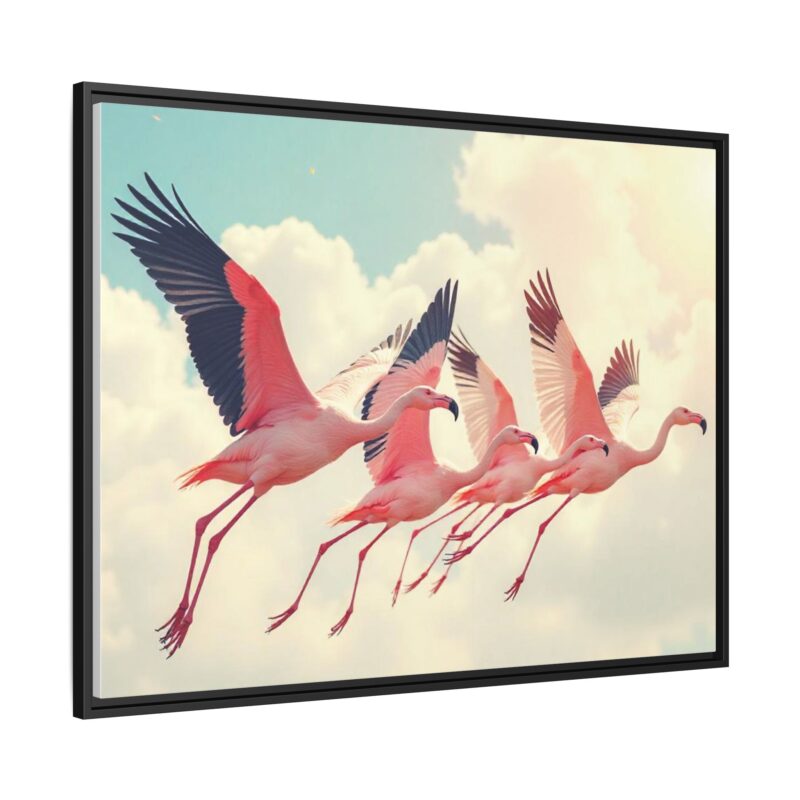 Framed Canvas - a flock of flamingos taking off in the sunlight. - Image 39