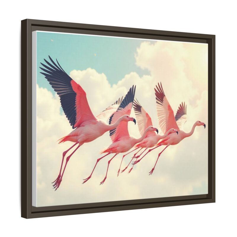 Framed Canvas - a flock of flamingos taking off in the sunlight. - Image 67