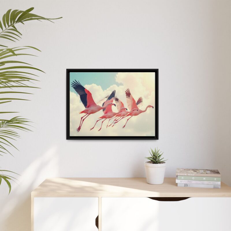 Framed Canvas - a flock of flamingos taking off in the sunlight. - Image 24