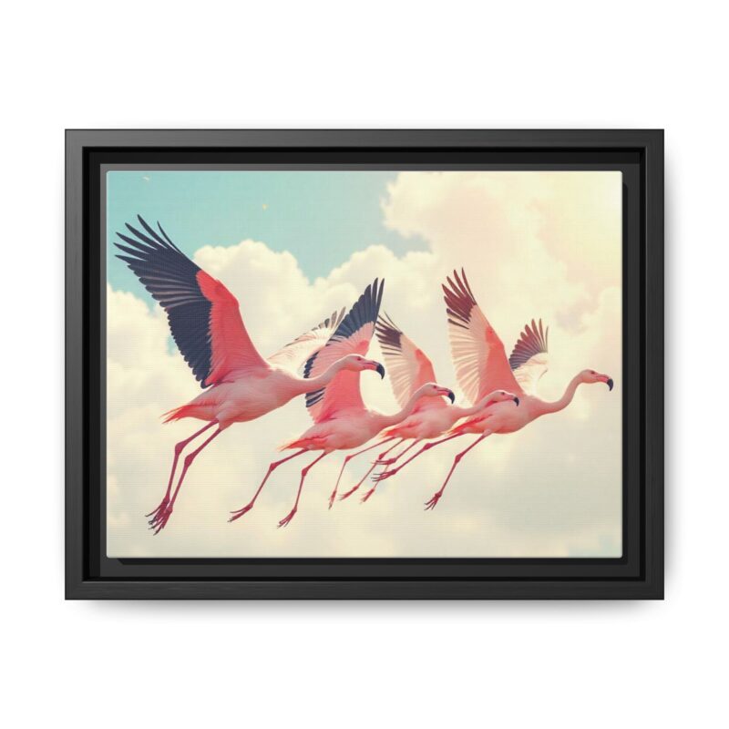 Framed Canvas - a flock of flamingos taking off in the sunlight. - Image 6