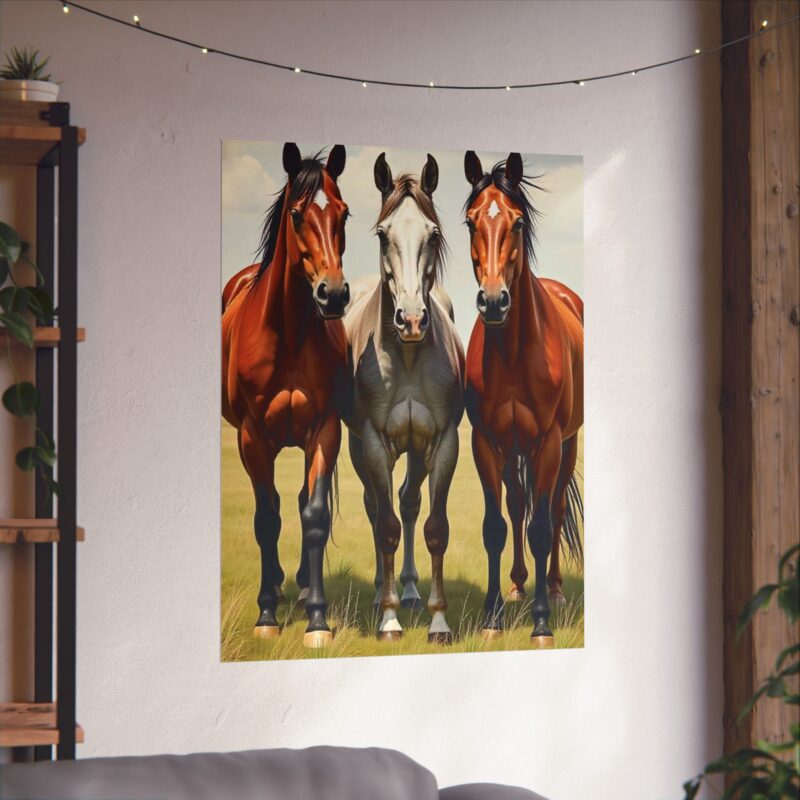 Matte Vertical Posters of Three Horses in a Grassy Field: Brown, Gray, and Chestnut - Image 41