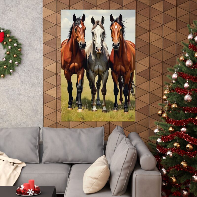 Matte Vertical Posters of Three Horses in a Grassy Field: Brown, Gray, and Chestnut - Image 117