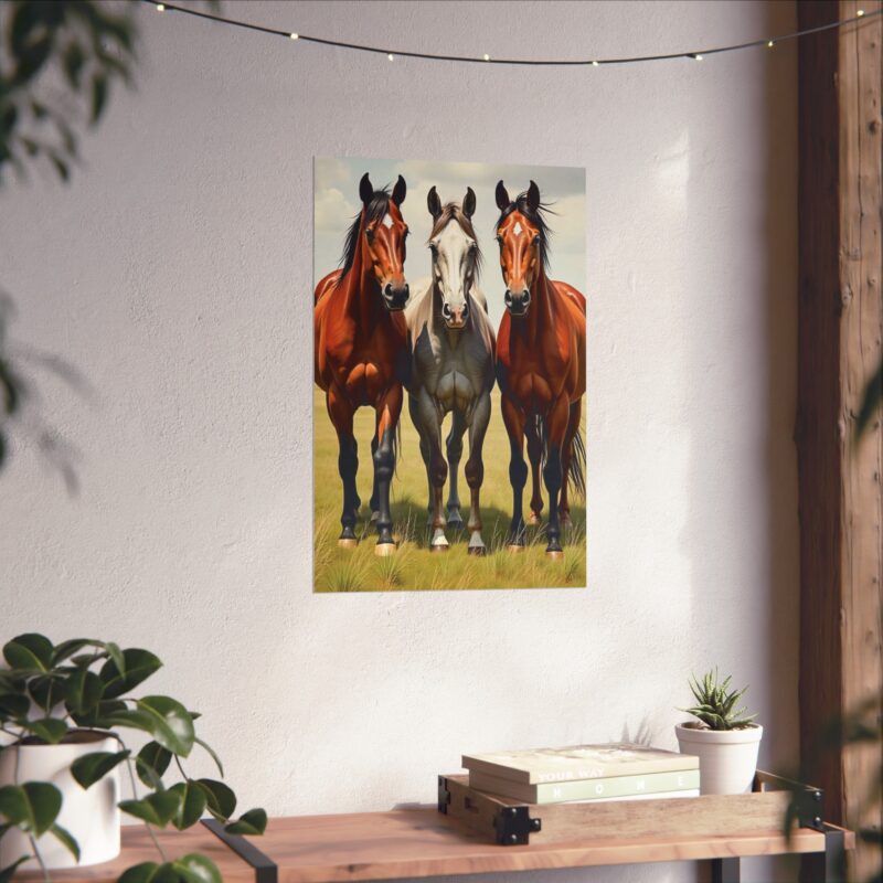 Matte Vertical Posters of Three Horses in a Grassy Field: Brown, Gray, and Chestnut - Image 33