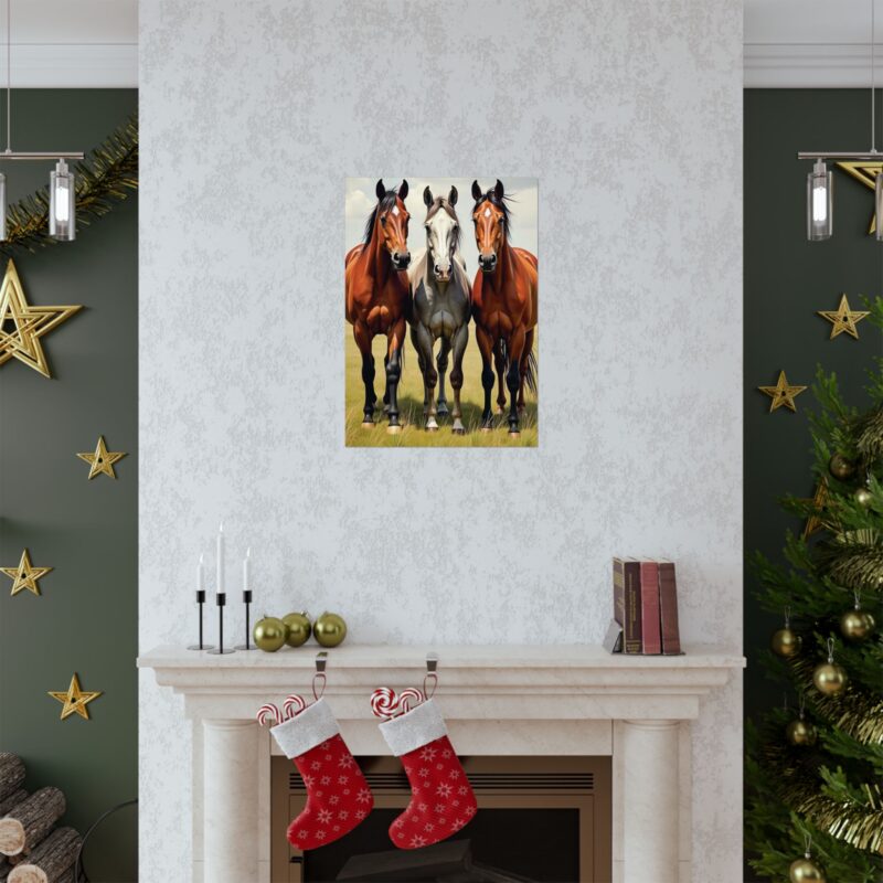 Matte Vertical Posters of Three Horses in a Grassy Field: Brown, Gray, and Chestnut - Image 87
