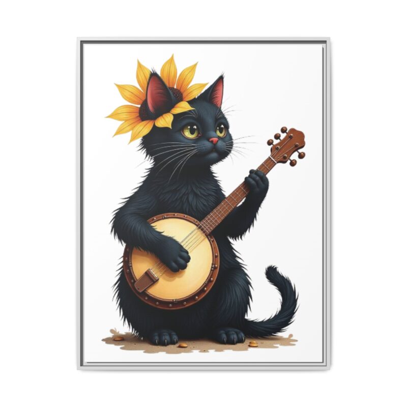 Wall Art - Black Cat Playing Banjo with Sunflower Matte Canvas Framed - Image 110