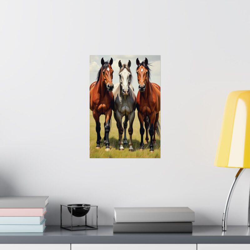 Matte Vertical Posters of Three Horses in a Grassy Field: Brown, Gray, and Chestnut - Image 56